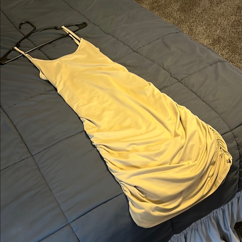 Love J Tan Asymmetrical Ruched Cocktail Dress